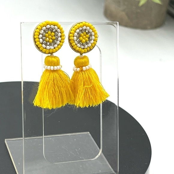 J.Crew Yellow Beaded Stud and Tassel Drop Gold Tone Earrings - Picture 3 of 13